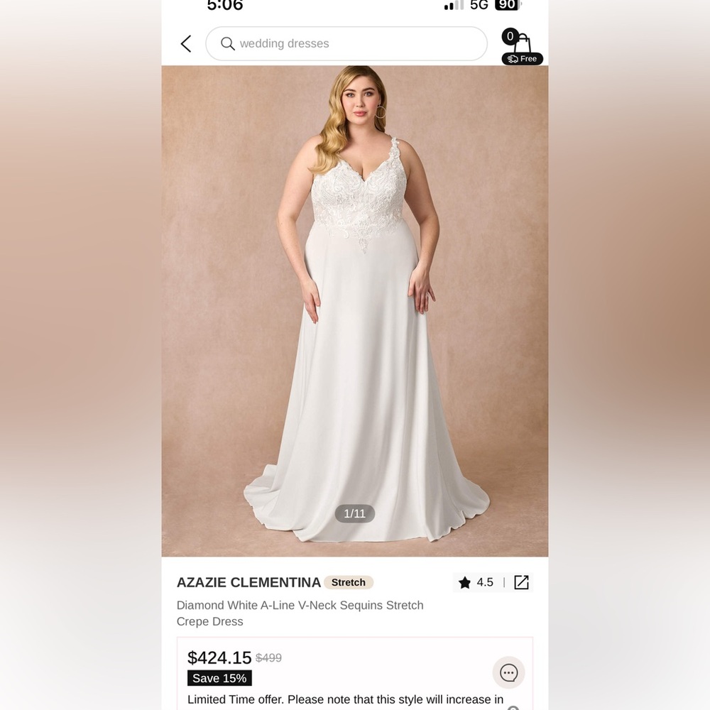 Azazie Clementina Diamond White A-Line V-Neck Wedding Dress